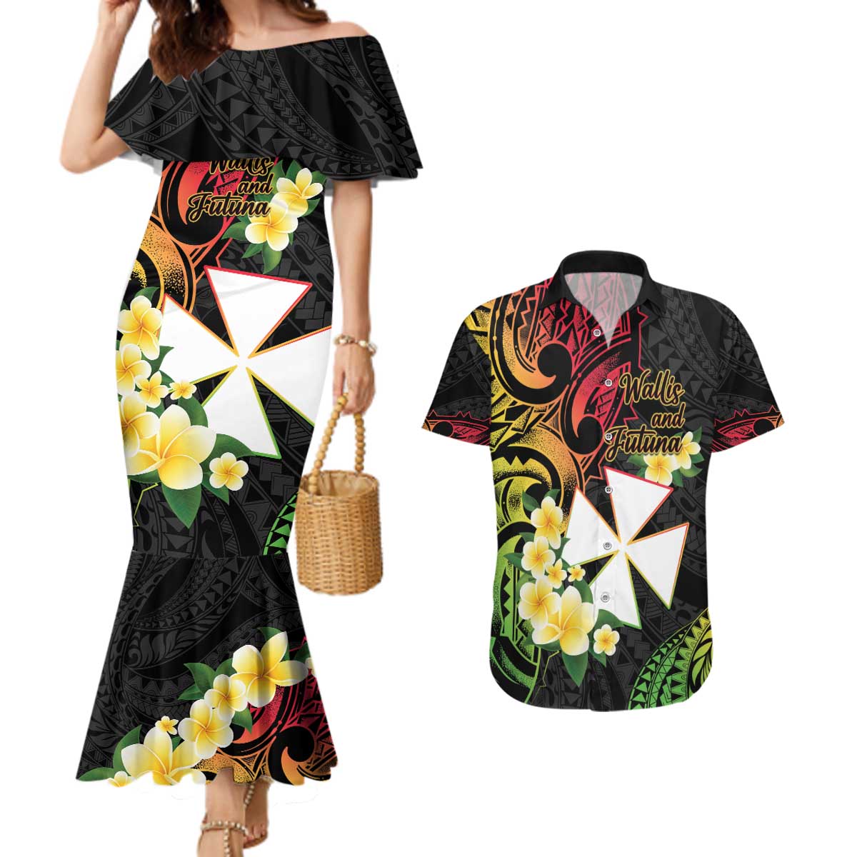 Wallis and Futuna Victory Day Couples Matching Mermaid Dress and Hawaiian Shirt Liberty Equality Fraternity Polynesian Plumeria