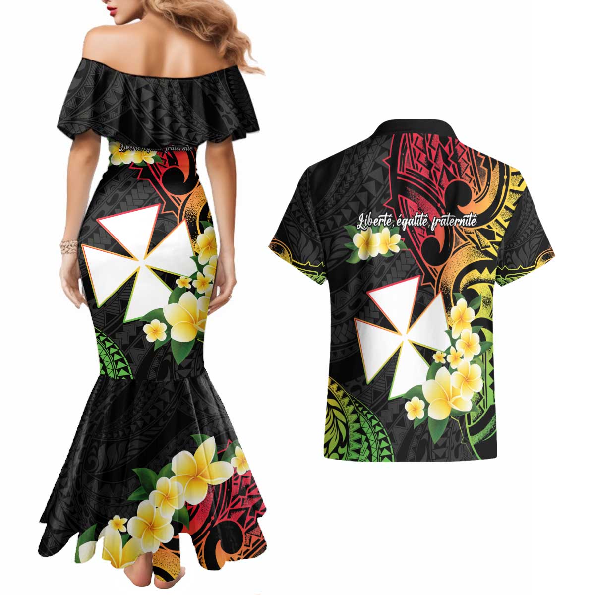 Wallis and Futuna Victory Day Couples Matching Mermaid Dress and Hawaiian Shirt Liberty Equality Fraternity Polynesian Plumeria