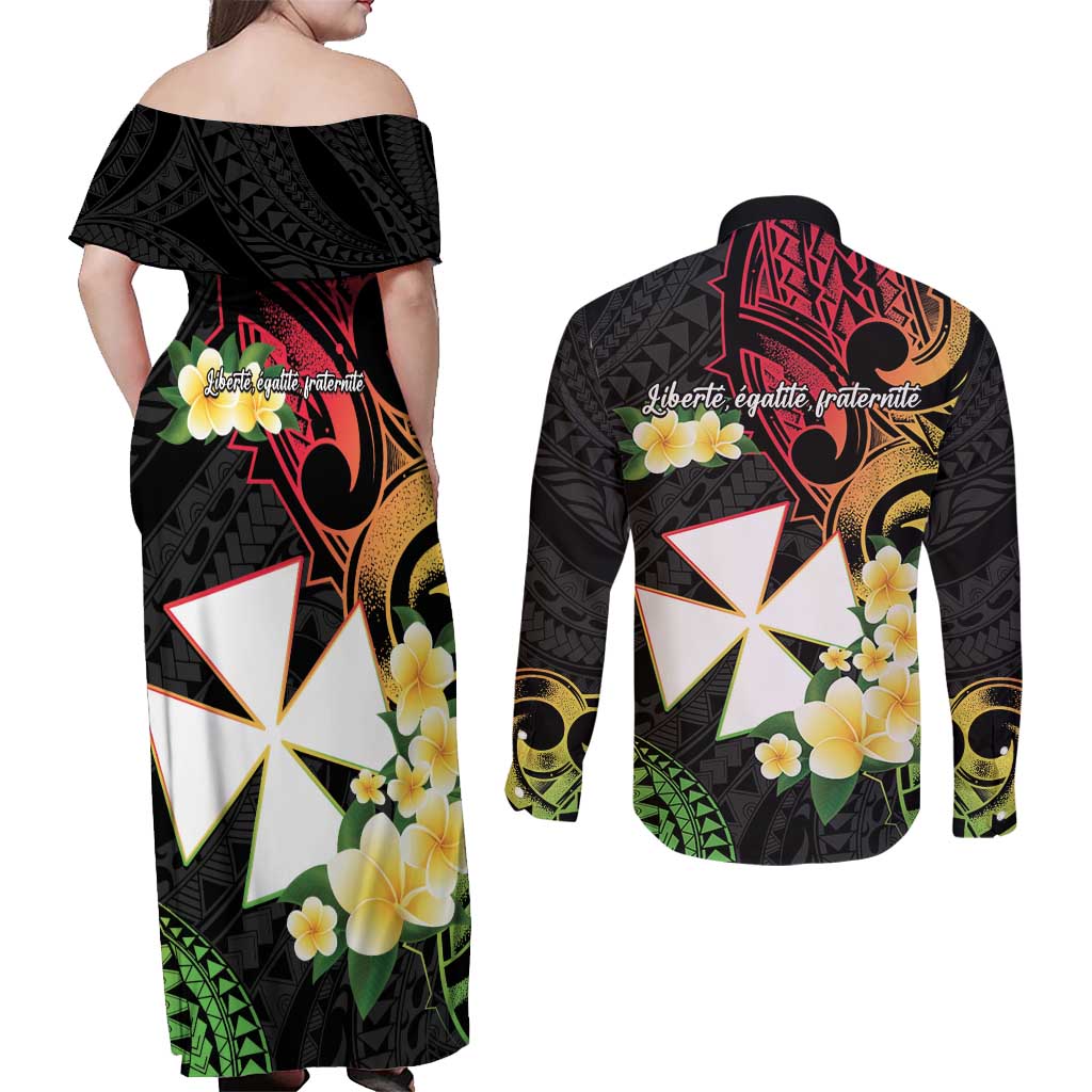 Wallis and Futuna Victory Day Couples Matching Off Shoulder Maxi Dress and Long Sleeve Button Shirt Liberty Equality Fraternity Polynesian Plumeria