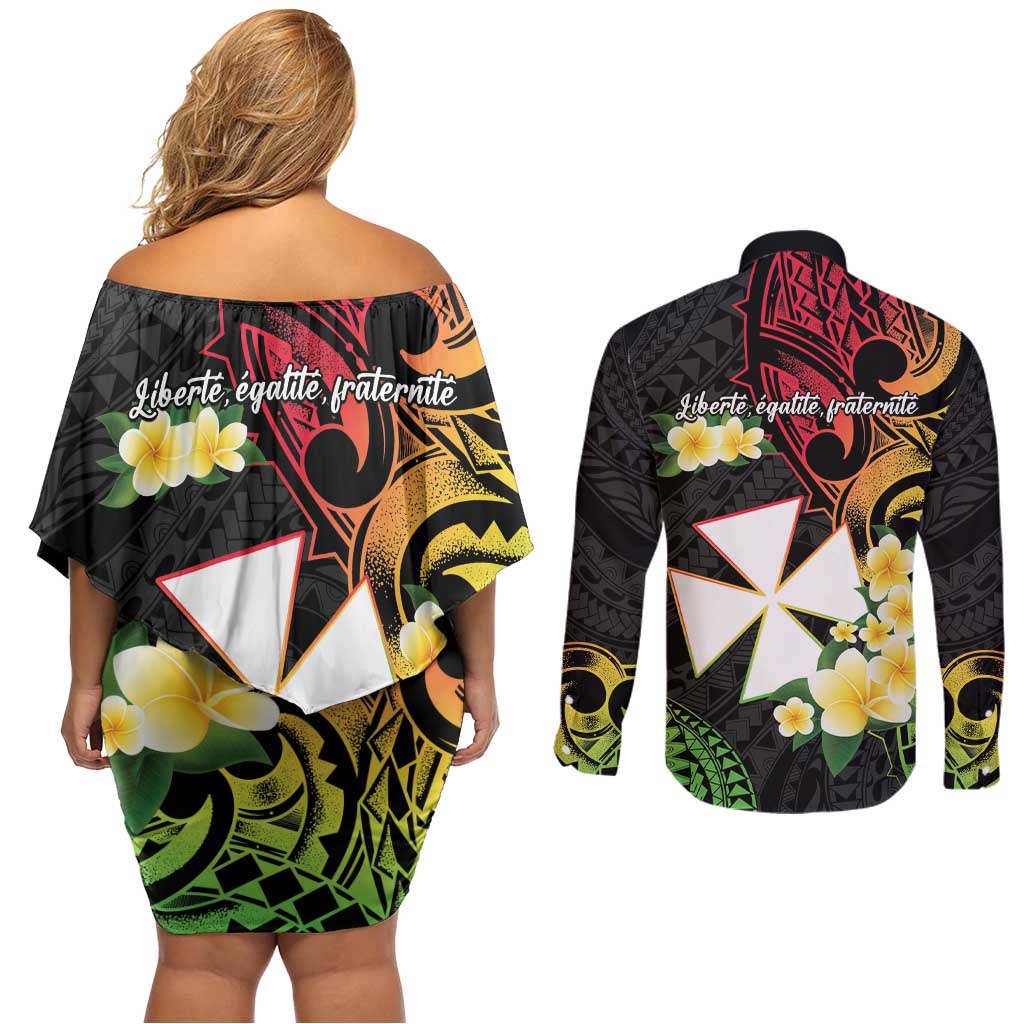 Wallis and Futuna Victory Day Couples Matching Off Shoulder Short Dress and Long Sleeve Button Shirt Liberty Equality Fraternity Polynesian Plumeria