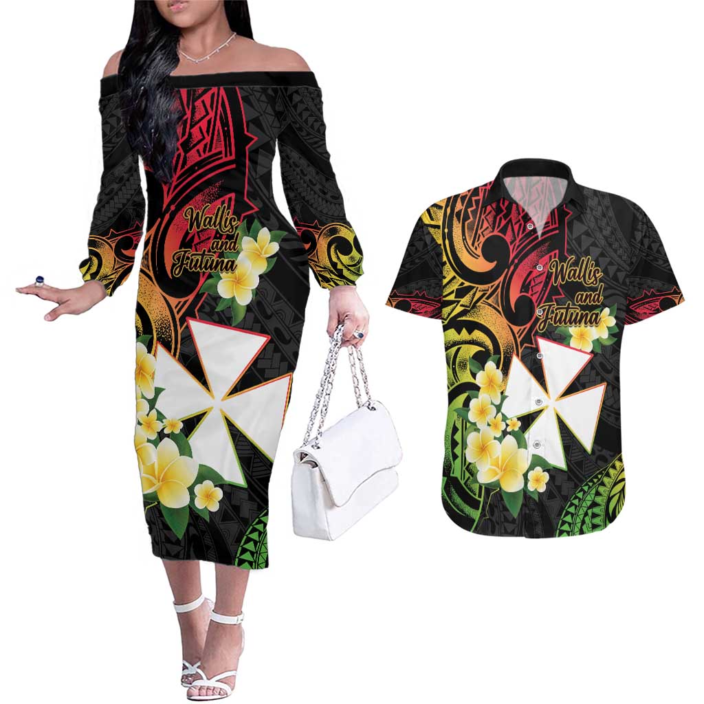 Wallis and Futuna Victory Day Couples Matching Off The Shoulder Long Sleeve Dress and Hawaiian Shirt Liberty Equality Fraternity Polynesian Plumeria