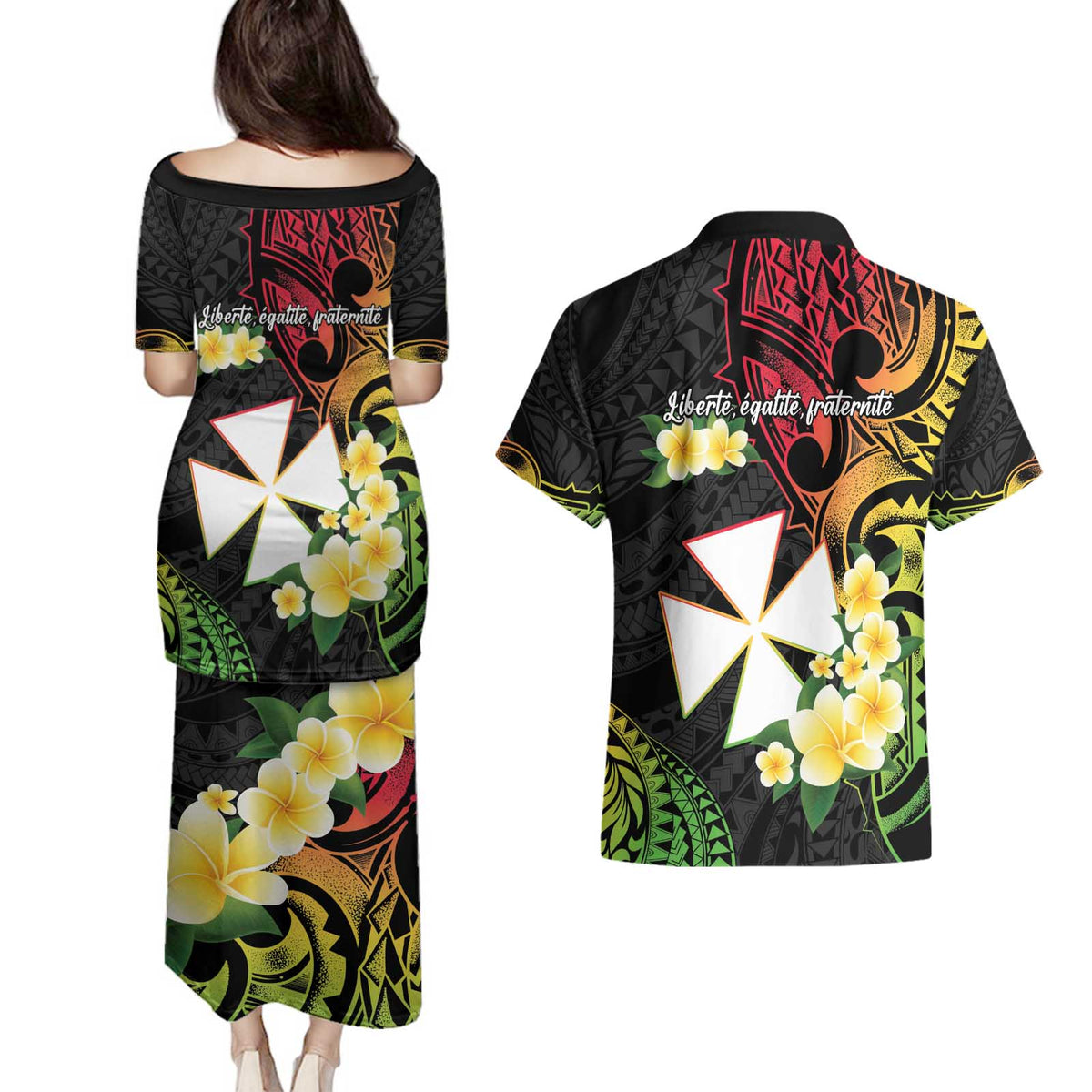 Wallis and Futuna Victory Day Couples Matching Puletasi and Hawaiian Shirt Liberty Equality Fraternity Polynesian Plumeria