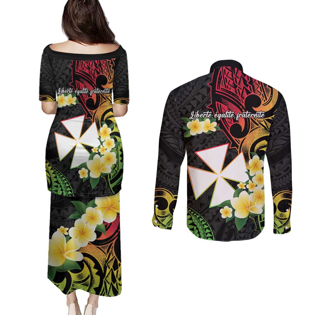 Wallis and Futuna Victory Day Couples Matching Puletasi and Long Sleeve Button Shirt Liberty Equality Fraternity Polynesian Plumeria