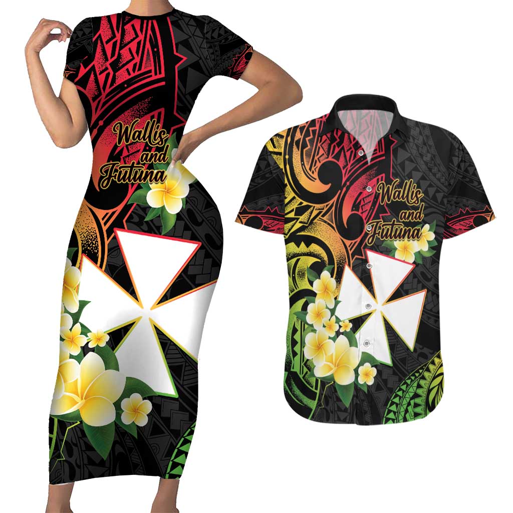 Wallis and Futuna Victory Day Couples Matching Short Sleeve Bodycon Dress and Hawaiian Shirt Liberty Equality Fraternity Polynesian Plumeria