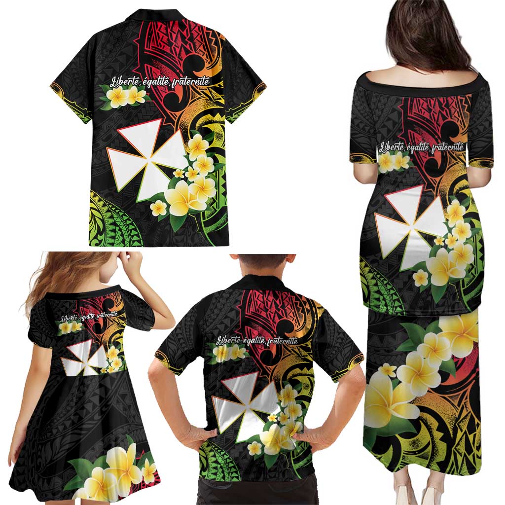 Wallis and Futuna Victory Day Family Matching Puletasi and Hawaiian Shirt Liberty Equality Fraternity Polynesian Plumeria