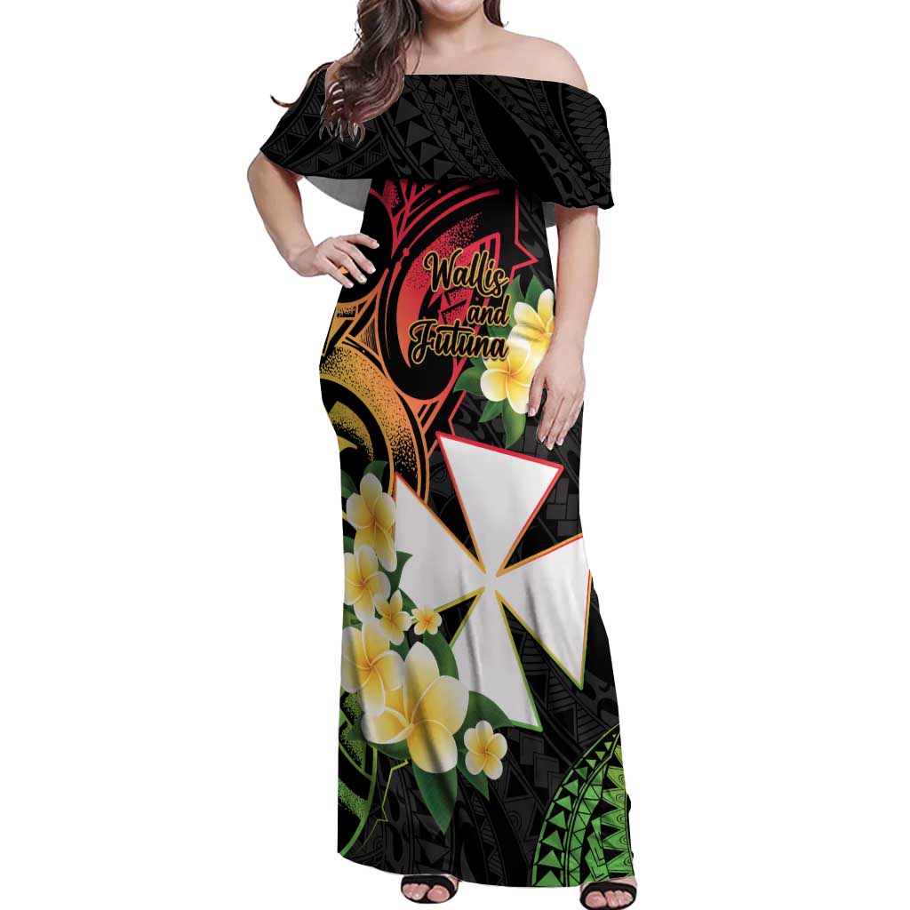 Wallis and Futuna Victory Day Off Shoulder Maxi Dress Liberty Equality Fraternity Polynesian Plumeria