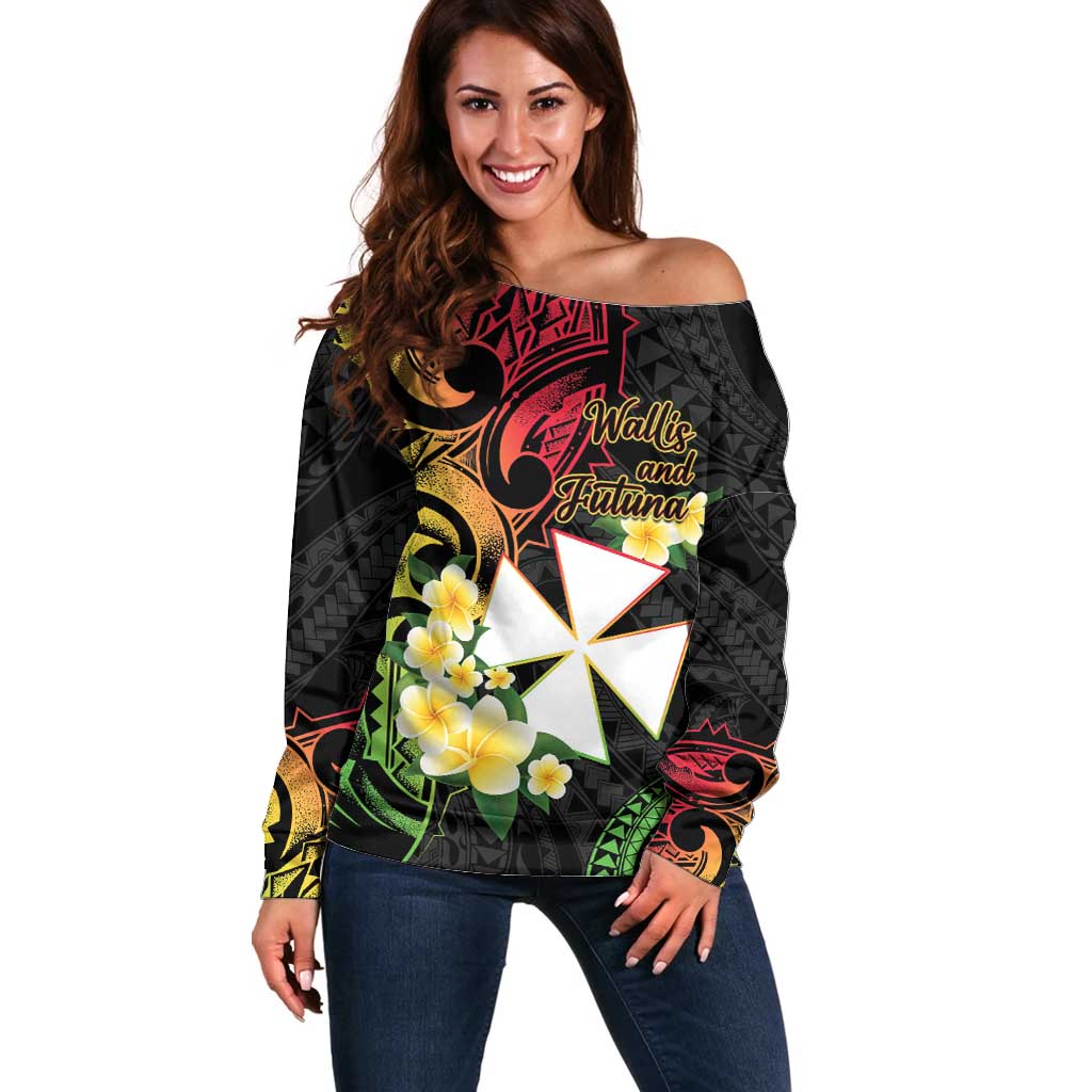 Wallis and Futuna Victory Day Off Shoulder Sweater Liberty Equality Fraternity Polynesian Plumeria