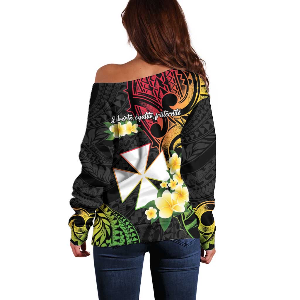Wallis and Futuna Victory Day Off Shoulder Sweater Liberty Equality Fraternity Polynesian Plumeria