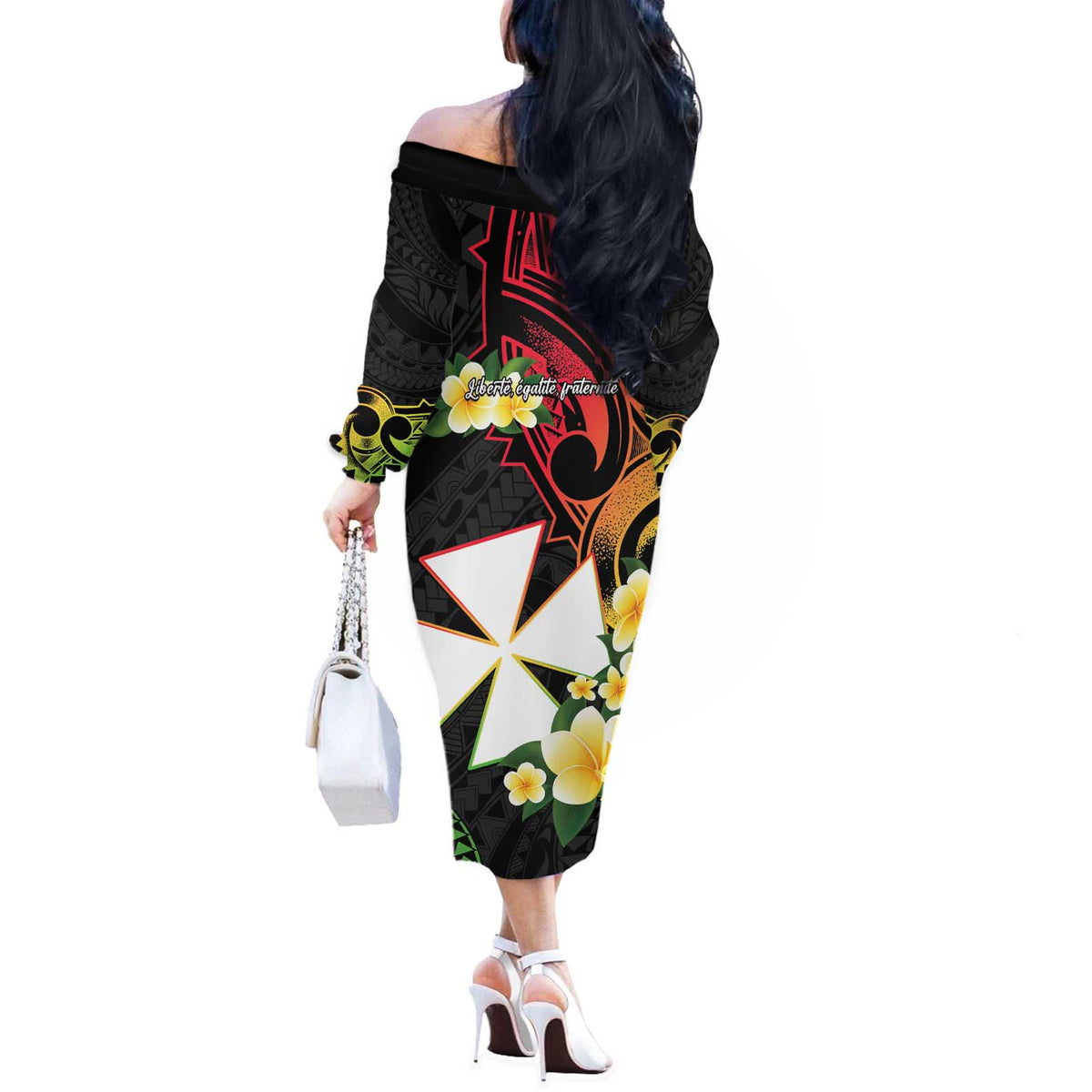 Wallis and Futuna Victory Day Off The Shoulder Long Sleeve Dress Liberty Equality Fraternity Polynesian Plumeria