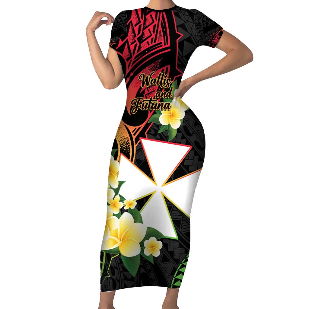 Wallis and Futuna Victory Day Short Sleeve Bodycon Dress Liberty Equality Fraternity Polynesian Plumeria