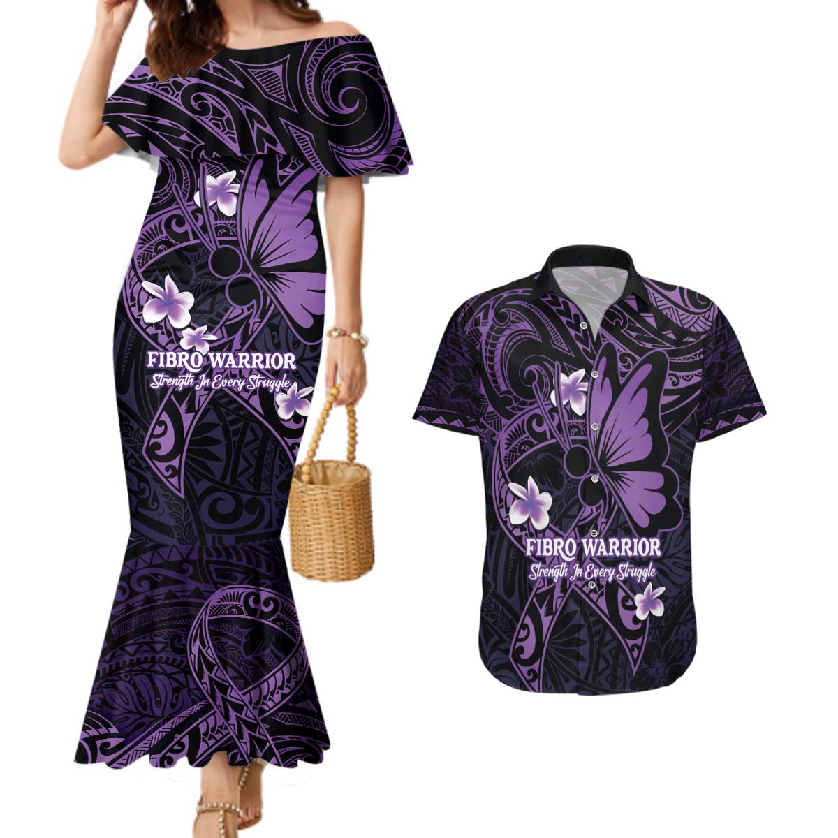 Personalised Fibromyalgia Awareness Month Couples Matching Mermaid Dress and Hawaiian Shirt Fibro Warrior Strength In Every Struggle