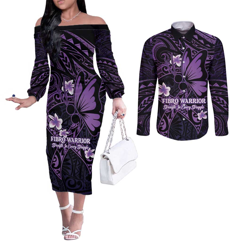 Personalised Fibromyalgia Awareness Month Couples Matching Off The Shoulder Long Sleeve Dress and Long Sleeve Button Shirt Fibro Warrior Strength In Every Struggle