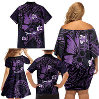 Personalised Fibromyalgia Awareness Month Family Matching Off Shoulder Short Dress and Hawaiian Shirt Fibro Warrior Strength In Every Struggle