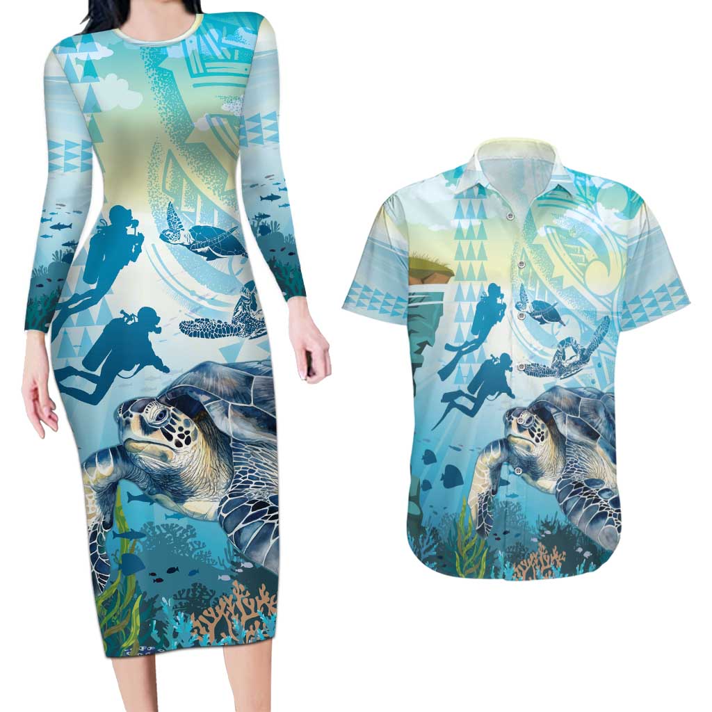 Personalized Snorkeling Hawaii Couples Matching Long Sleeve Bodycon Dress and Hawaiian Shirt Ocean Lover Hawaiian Kakau Honu Turtle