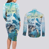 Personalized Snorkeling Hawaii Couples Matching Long Sleeve Bodycon Dress and Long Sleeve Button Shirt Ocean Lover Hawaiian Kakau Honu Turtle