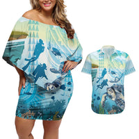 Personalized Snorkeling Hawaii Couples Matching Off Shoulder Short Dress and Hawaiian Shirt Ocean Lover Hawaiian Kakau Honu Turtle
