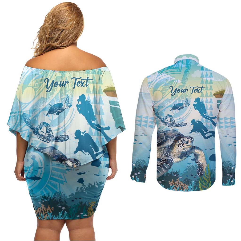 Personalized Snorkeling Hawaii Couples Matching Off Shoulder Short Dress and Long Sleeve Button Shirt Ocean Lover Hawaiian Kakau Honu Turtle