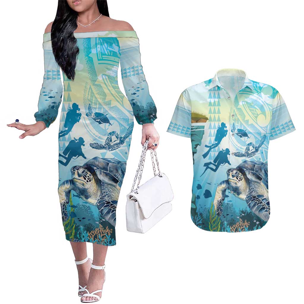 Personalized Snorkeling Hawaii Couples Matching Off The Shoulder Long Sleeve Dress and Hawaiian Shirt Ocean Lover Hawaiian Kakau Honu Turtle
