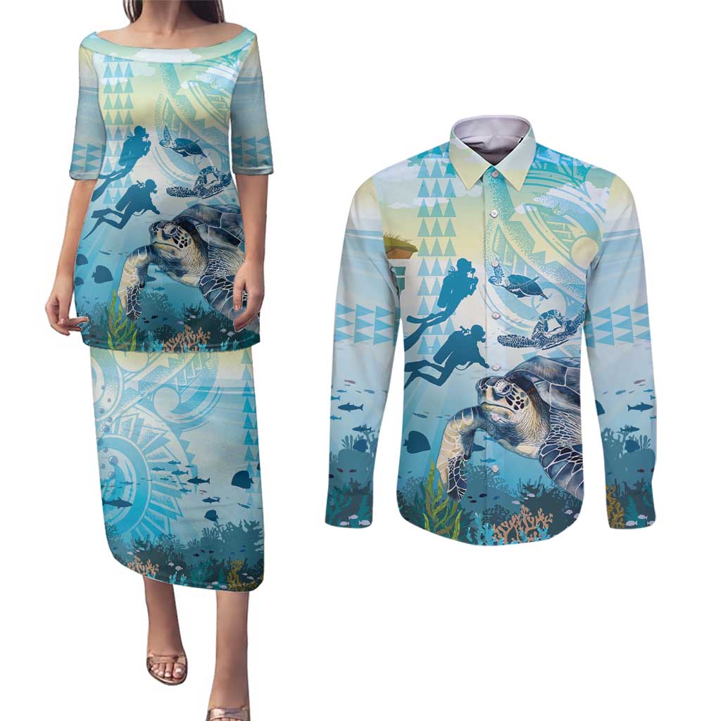 Personalized Snorkeling Hawaii Couples Matching Puletasi and Long Sleeve Button Shirt Ocean Lover Hawaiian Kakau Honu Turtle