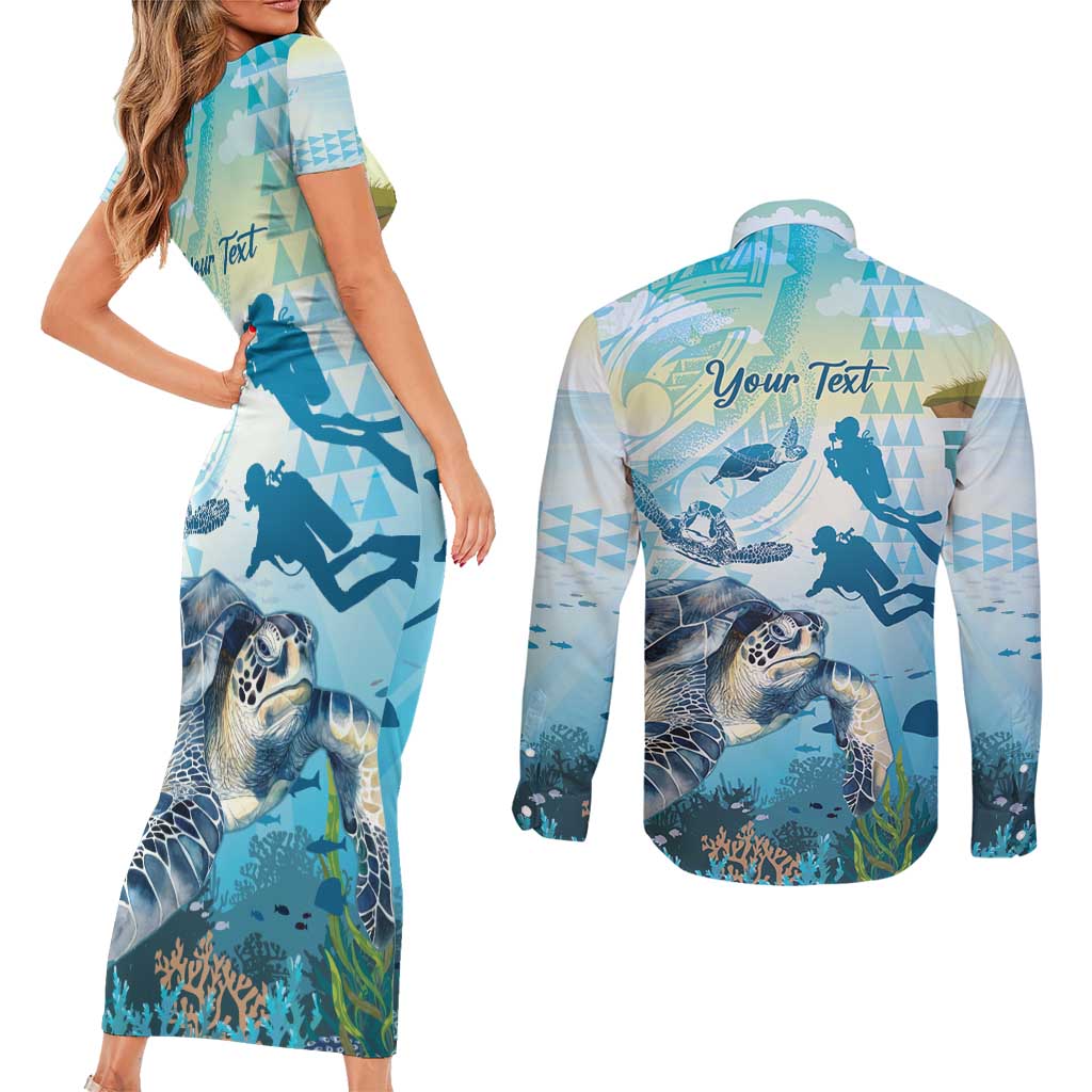 Personalized Snorkeling Hawaii Couples Matching Short Sleeve Bodycon Dress and Long Sleeve Button Shirt Ocean Lover Hawaiian Kakau Honu Turtle