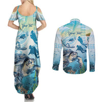 Personalized Snorkeling Hawaii Couples Matching Summer Maxi Dress and Long Sleeve Button Shirt Ocean Lover Hawaiian Kakau Honu Turtle