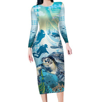 Personalized Snorkeling Hawaii Family Matching Long Sleeve Bodycon Dress and Hawaiian Shirt Ocean Lover Hawaiian Kakau Honu Turtle LT14 Mom's Dress Cyan - Polynesian Pride