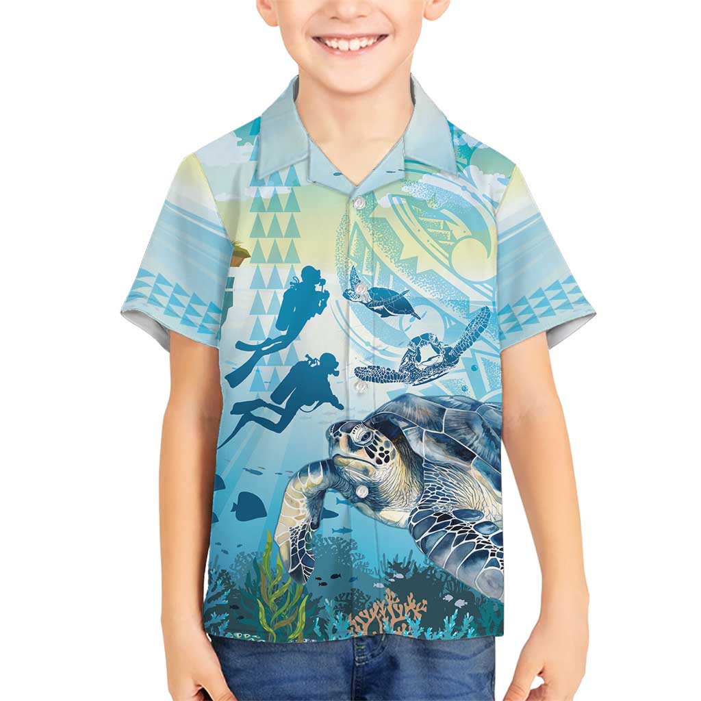Personalized Snorkeling Hawaii Family Matching Long Sleeve Bodycon Dress and Hawaiian Shirt Ocean Lover Hawaiian Kakau Honu Turtle LT14 Son's Shirt Cyan - Polynesian Pride