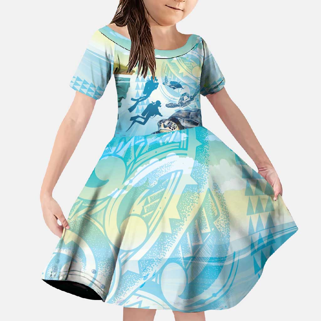 Personalized Snorkeling Hawaii Family Matching Mermaid Dress and Hawaiian Shirt Ocean Lover Hawaiian Kakau Honu Turtle LT14 Daughter's Dress Cyan - Polynesian Pride