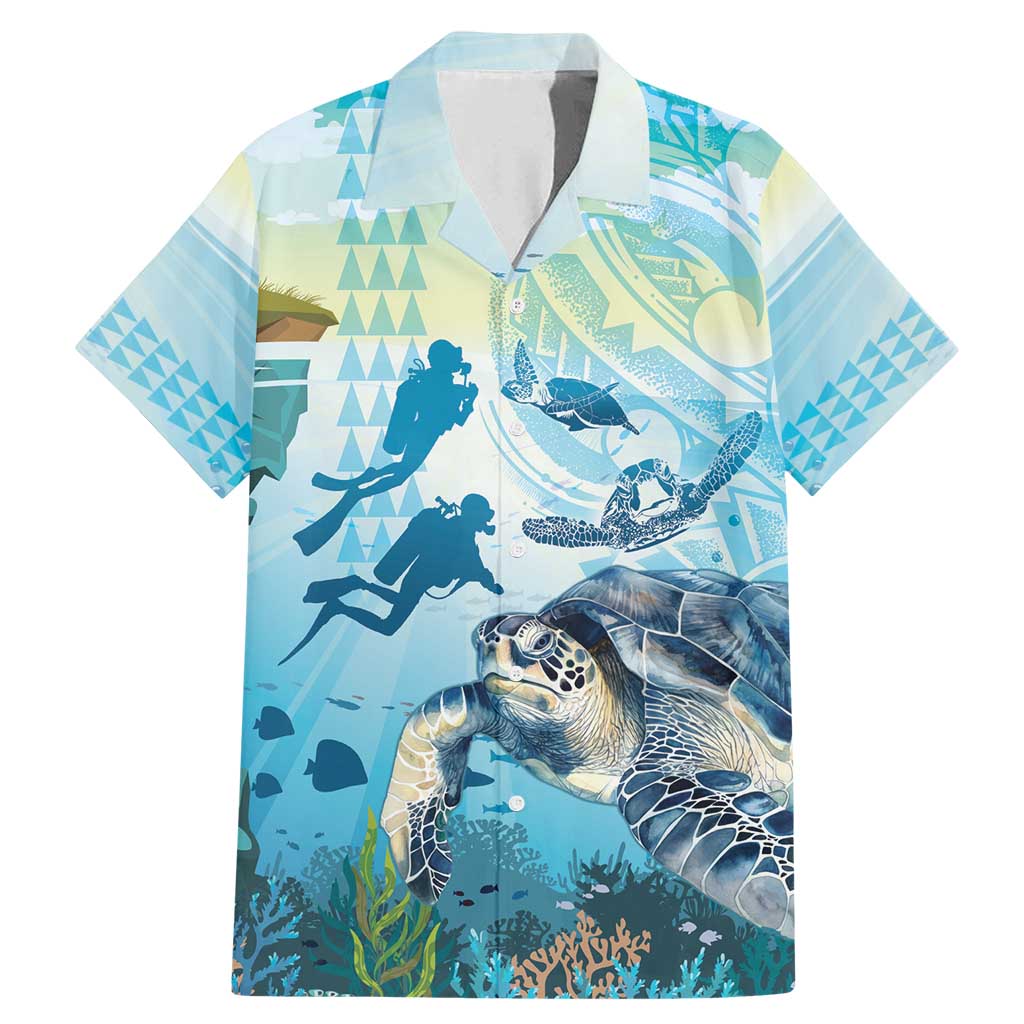 Personalized Snorkeling Hawaii Family Matching Mermaid Dress and Hawaiian Shirt Ocean Lover Hawaiian Kakau Honu Turtle LT14 Dad's Shirt - Short Sleeve Cyan - Polynesian Pride