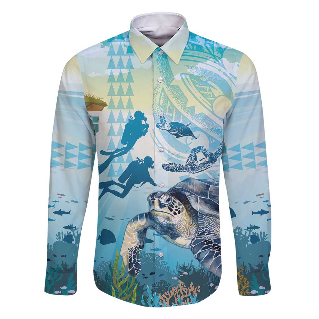 Personalized Snorkeling Hawaii Family Matching Mermaid Dress and Hawaiian Shirt Ocean Lover Hawaiian Kakau Honu Turtle LT14 Dad's Shirt - Long Sleeve Cyan - Polynesian Pride