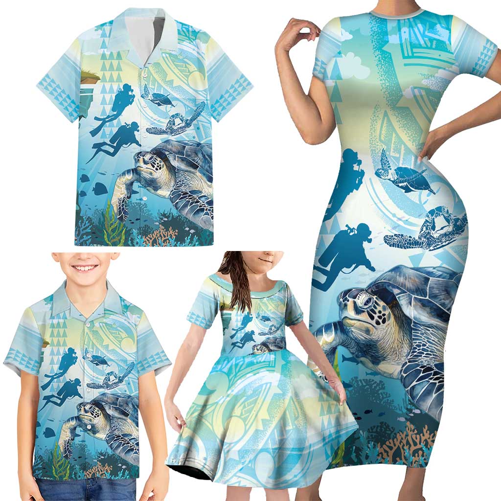 Personalized Snorkeling Hawaii Family Matching Short Sleeve Bodycon Dress and Hawaiian Shirt Ocean Lover Hawaiian Kakau Honu Turtle LT14 - Polynesian Pride