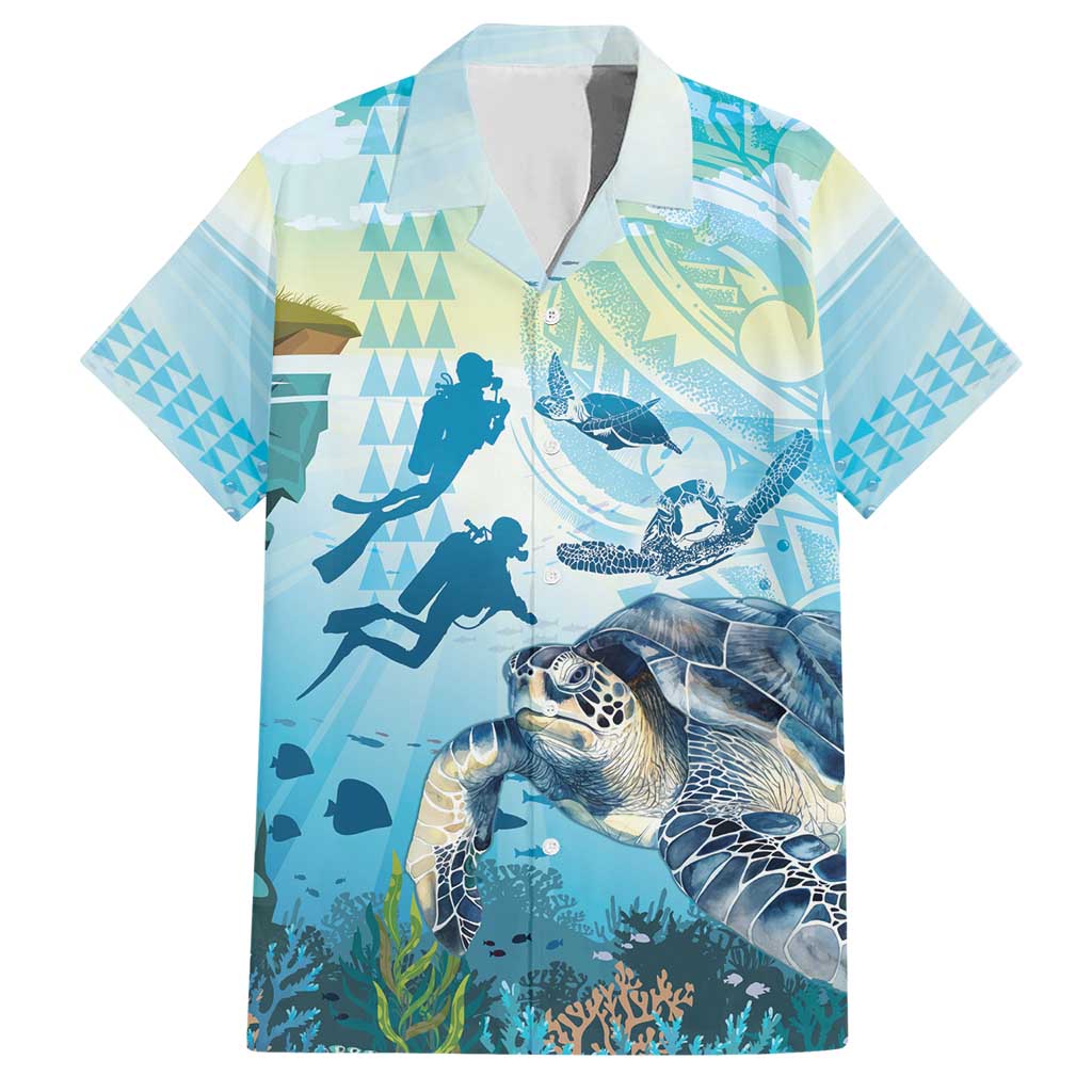 Personalized Snorkeling Hawaii Family Matching Short Sleeve Bodycon Dress and Hawaiian Shirt Ocean Lover Hawaiian Kakau Honu Turtle LT14 Dad's Shirt - Short Sleeve Cyan - Polynesian Pride