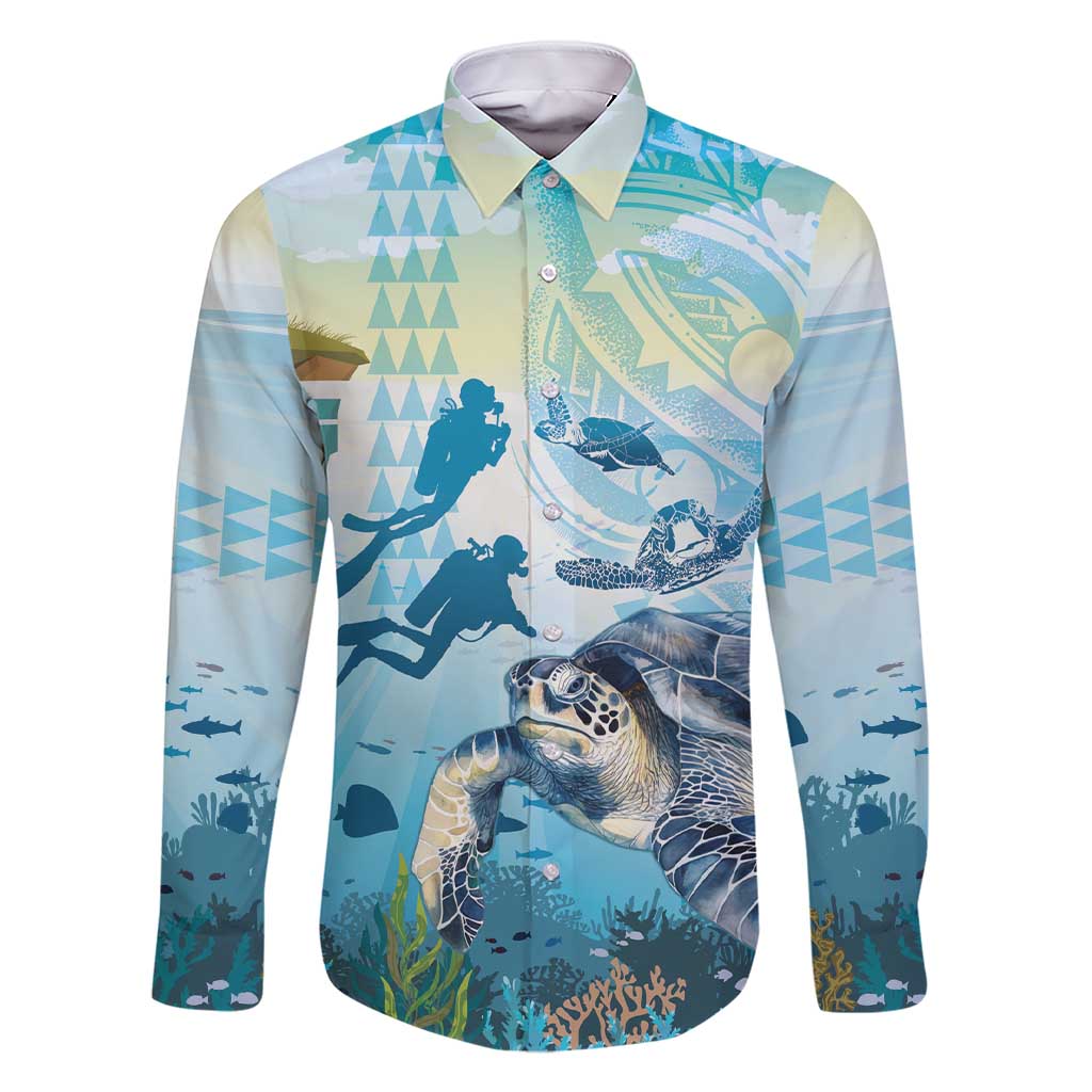 Personalized Snorkeling Hawaii Family Matching Short Sleeve Bodycon Dress and Hawaiian Shirt Ocean Lover Hawaiian Kakau Honu Turtle LT14 Dad's Shirt - Long Sleeve Cyan - Polynesian Pride