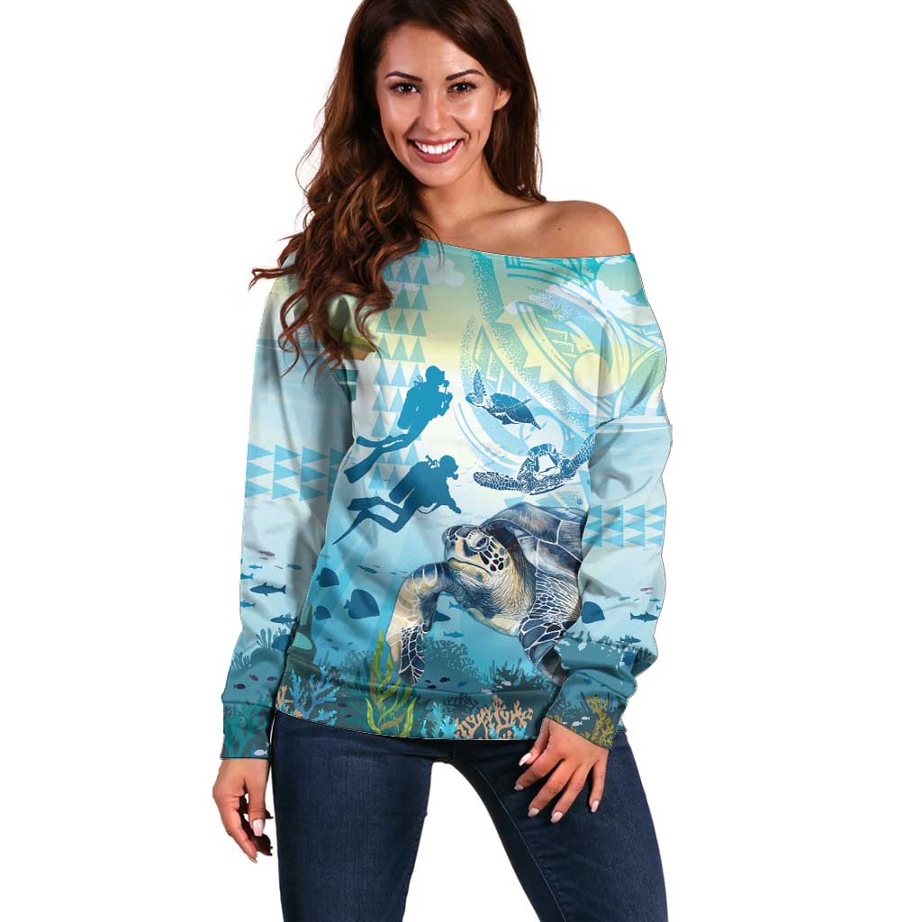 Personalized Snorkeling Hawaii Off Shoulder Sweater Ocean Lover Hawaiian Kakau Honu Turtle