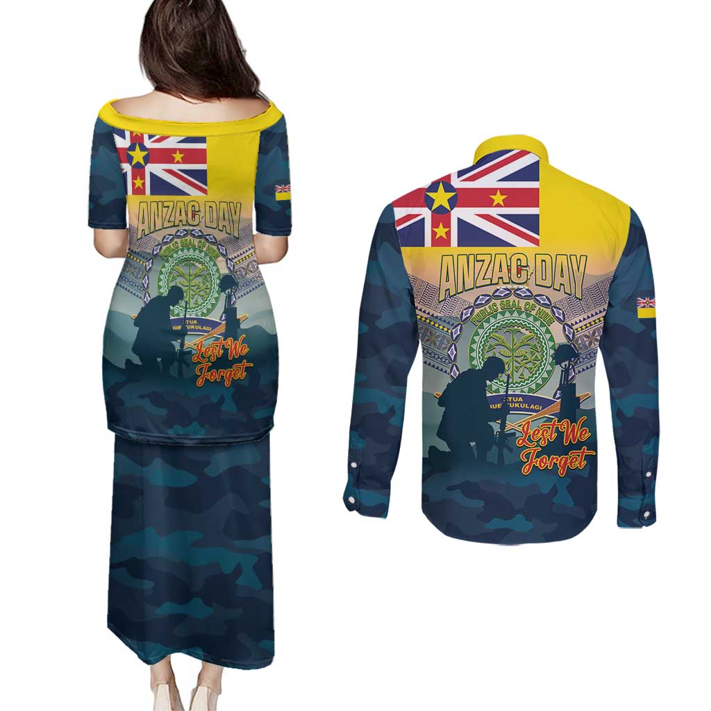 Niue ANZAC Day Couples Matching Puletasi and Long Sleeve Button Shirt We Will Remember Them Camouflage Style