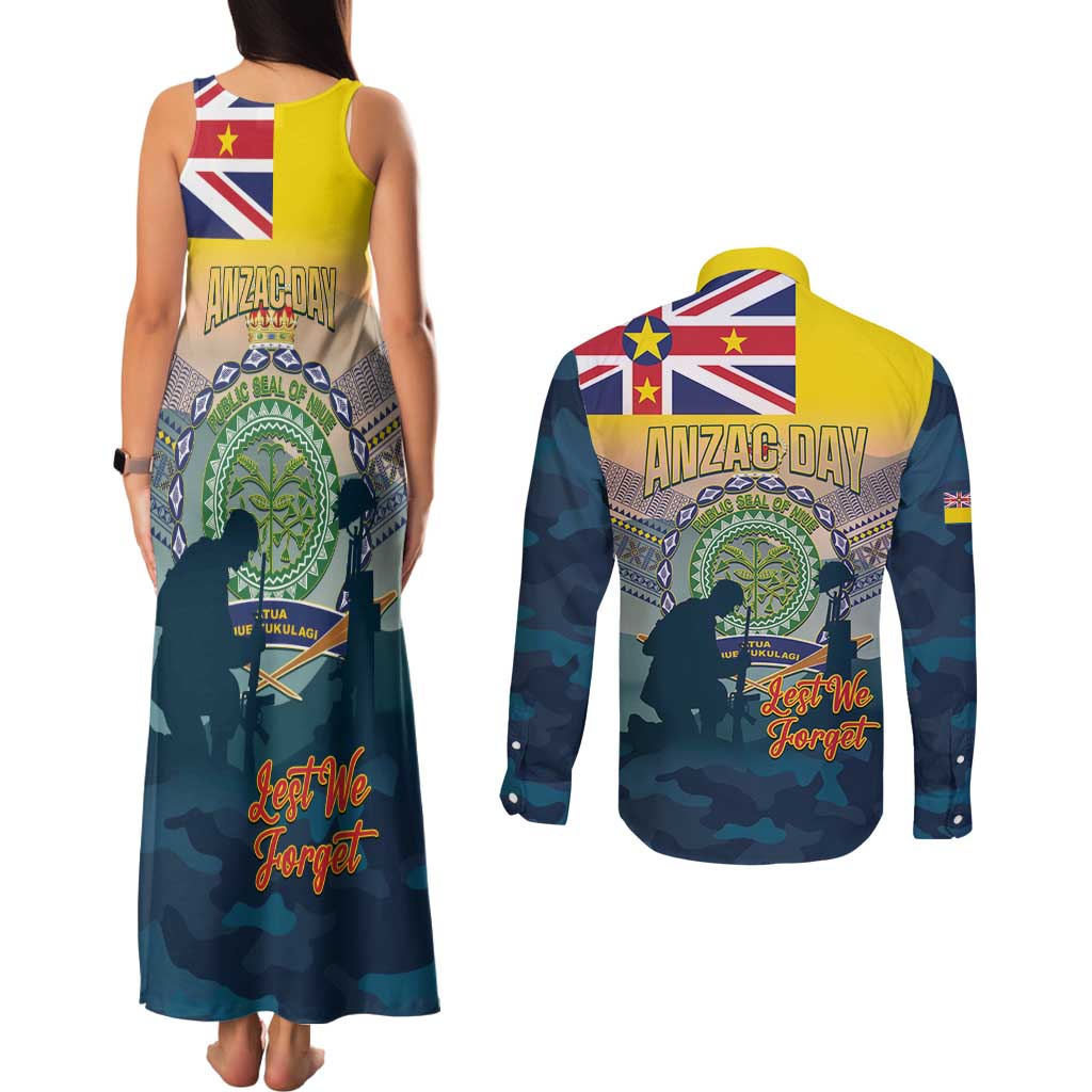 Niue ANZAC Day Couples Matching Tank Maxi Dress and Long Sleeve Button Shirt We Will Remember Them Camouflage Style