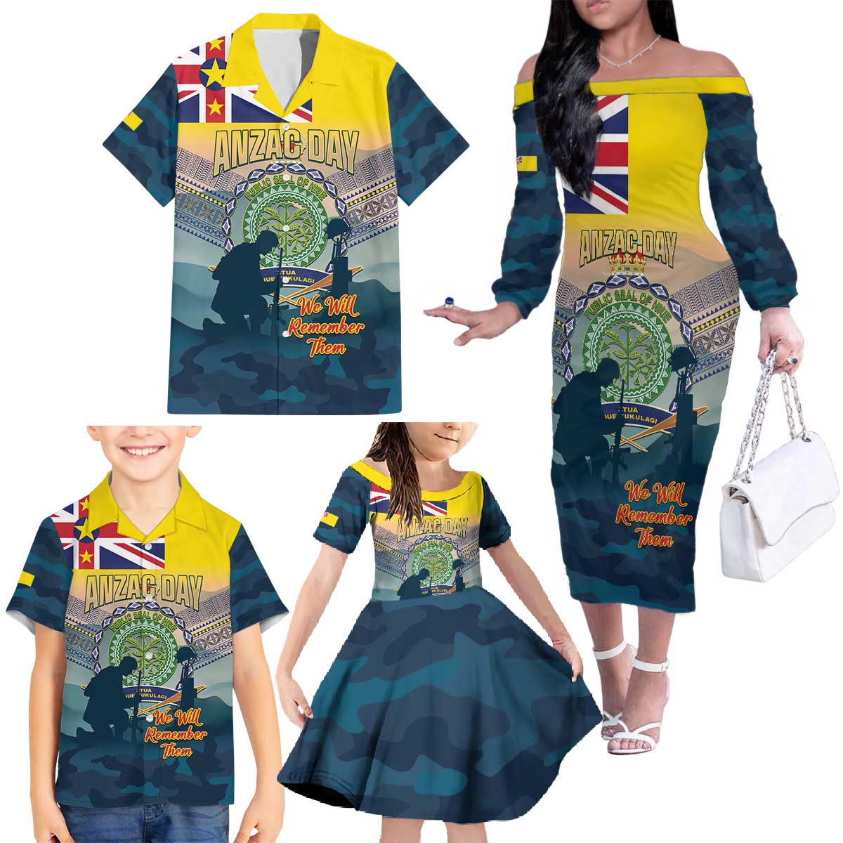 Niue ANZAC Day Family Matching Off The Shoulder Long Sleeve Dress and Hawaiian Shirt We Will Remember Them Camouflage Style