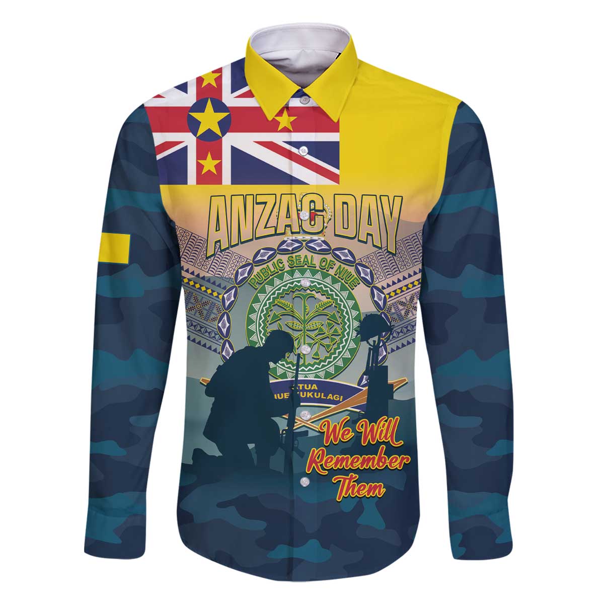 Niue ANZAC Day Family Matching Off The Shoulder Long Sleeve Dress and Hawaiian Shirt We Will Remember Them Camouflage Style