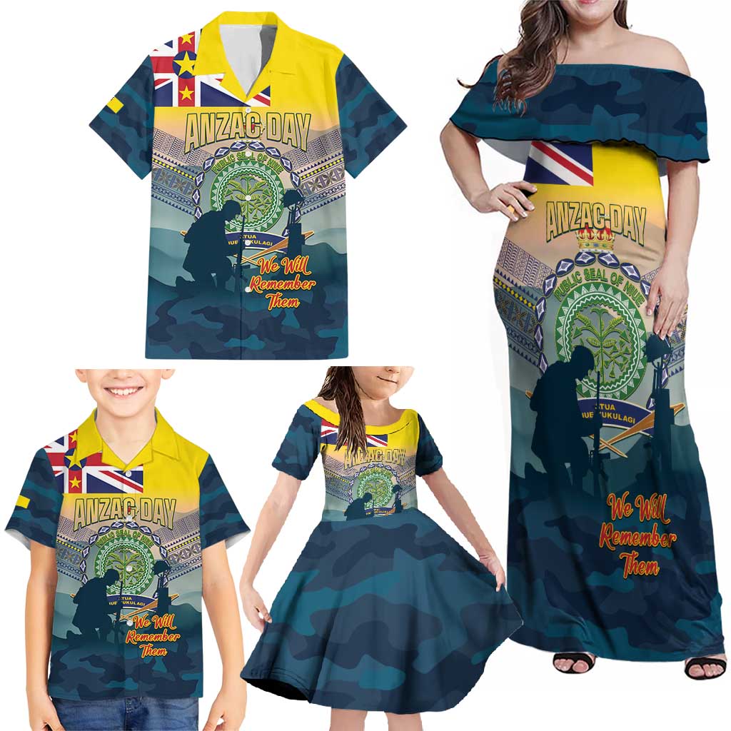 Niue ANZAC Day Family Matching Off Shoulder Maxi Dress and Hawaiian Shirt We Will Remember Them Camouflage Style