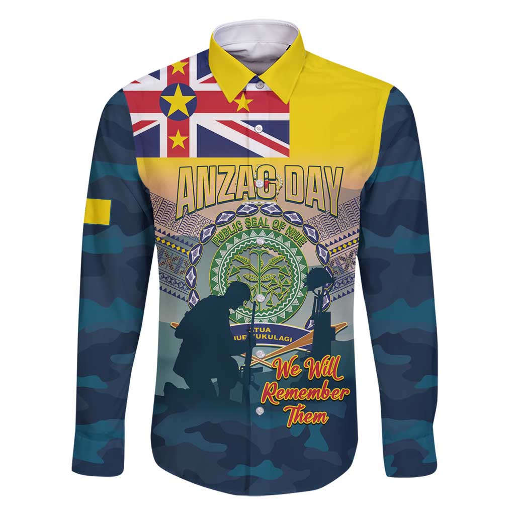 Niue ANZAC Day Family Matching Off Shoulder Maxi Dress and Hawaiian Shirt We Will Remember Them Camouflage Style