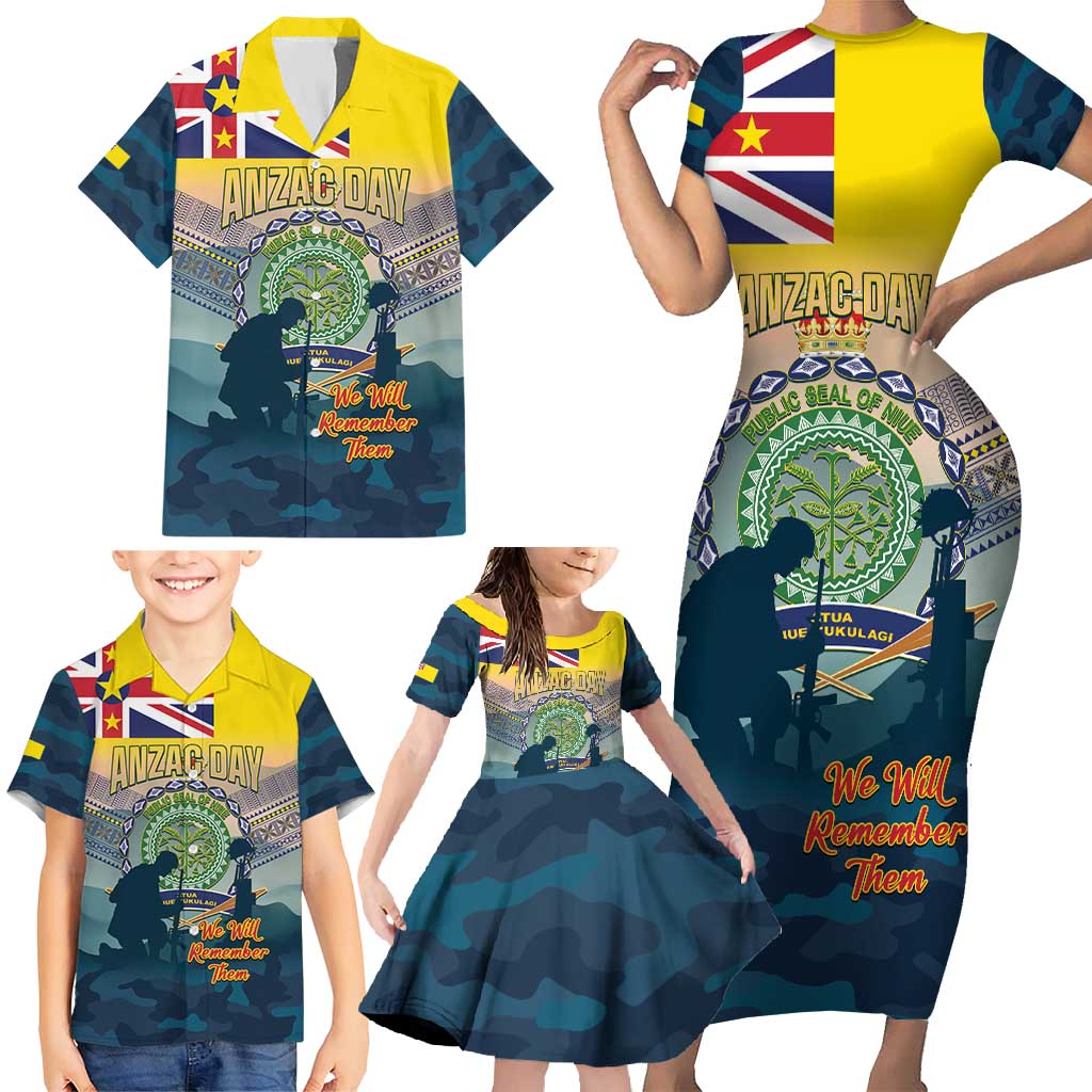 Niue ANZAC Day Family Matching Short Sleeve Bodycon Dress and Hawaiian Shirt We Will Remember Them Camouflage Style