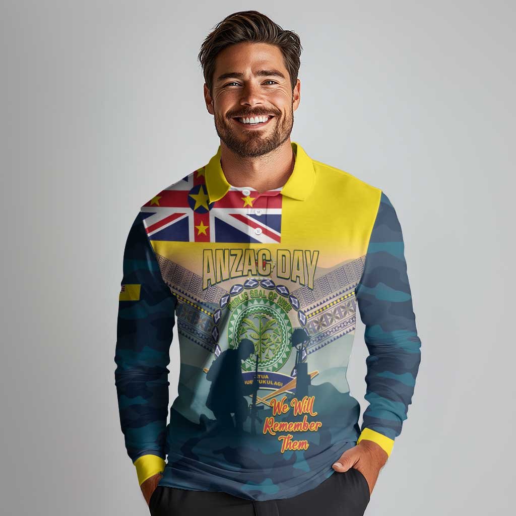Niue ANZAC Day Long Sleeve Polo Shirt We Will Remember Them Camouflage Style