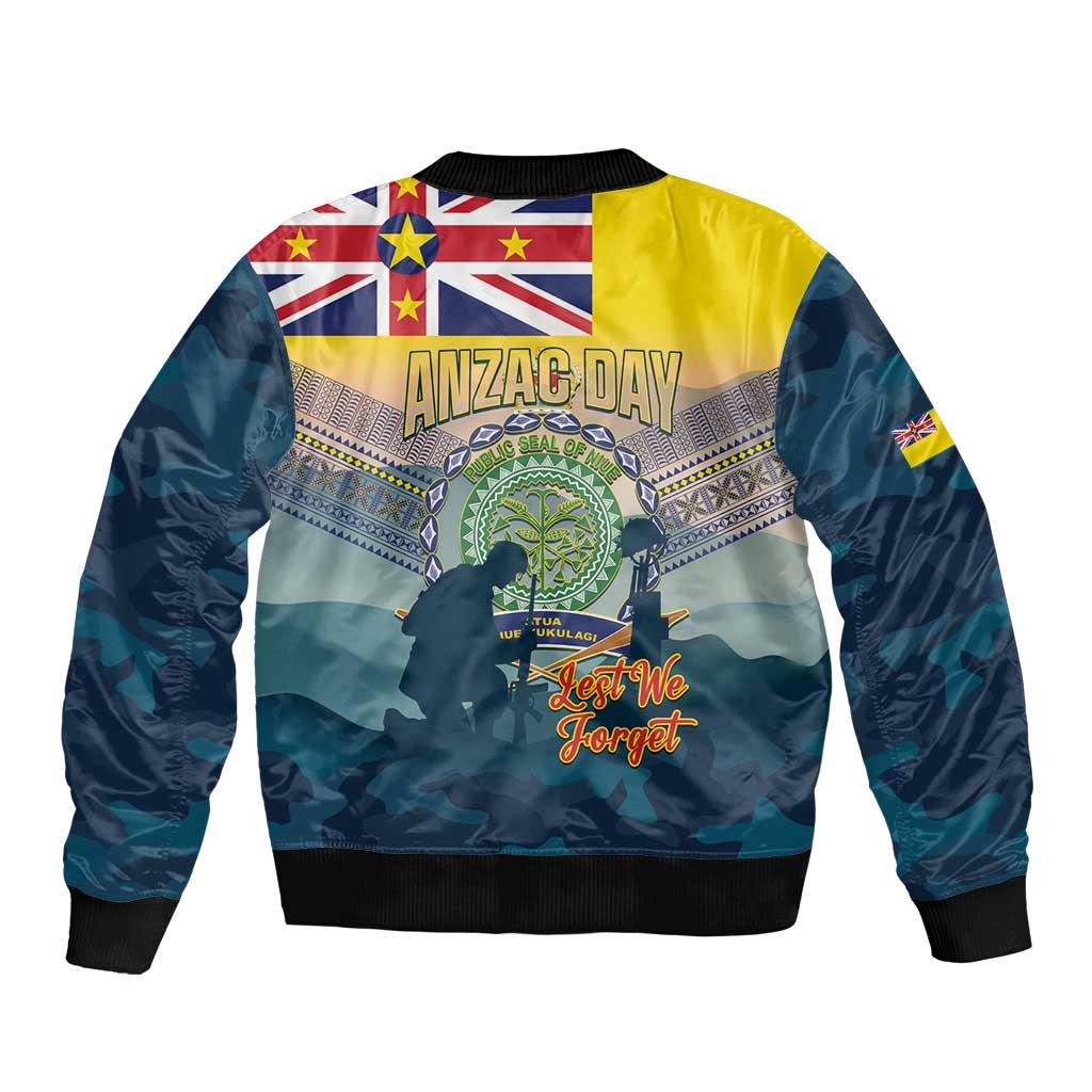 Niue ANZAC Day Sleeve Zip Bomber Jacket We Will Remember Them Camouflage Style