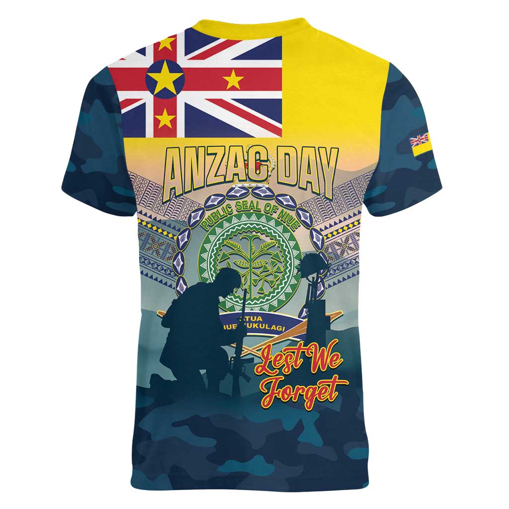 Niue ANZAC Day Women V-Neck T-Shirt We Will Remember Them Camouflage Style