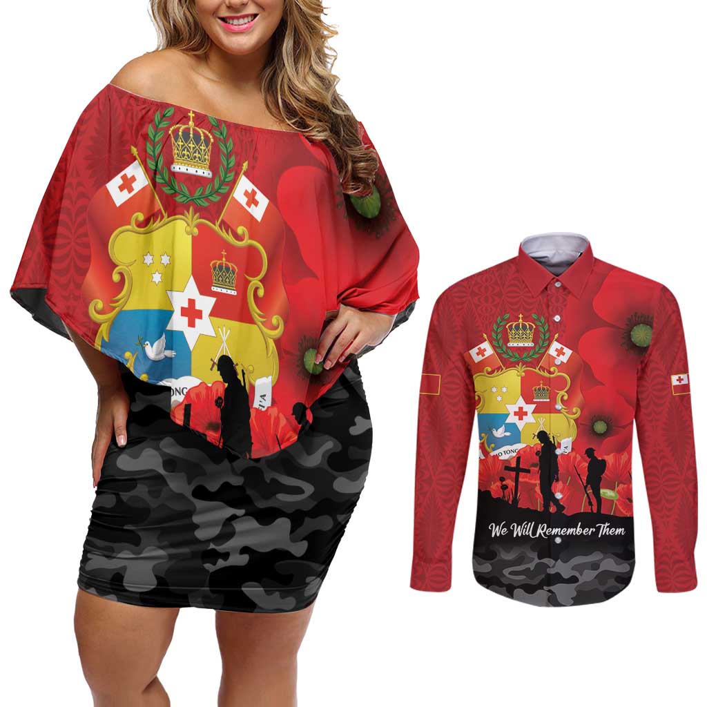 Tonga ANZAC Day Couples Matching Off Shoulder Short Dress and Long Sleeve Button Shirt Ngatu Pattern We Will Remember Them