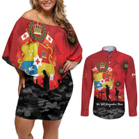 Tonga ANZAC Day Couples Matching Off Shoulder Short Dress and Long Sleeve Button Shirt Ngatu Pattern We Will Remember Them