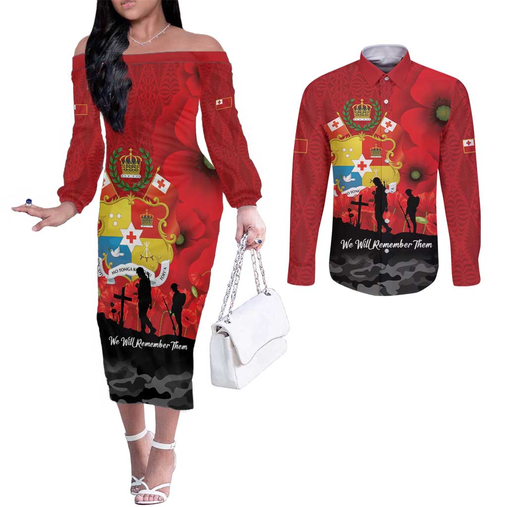 Tonga ANZAC Day Couples Matching Off The Shoulder Long Sleeve Dress and Long Sleeve Button Shirt Ngatu Pattern We Will Remember Them