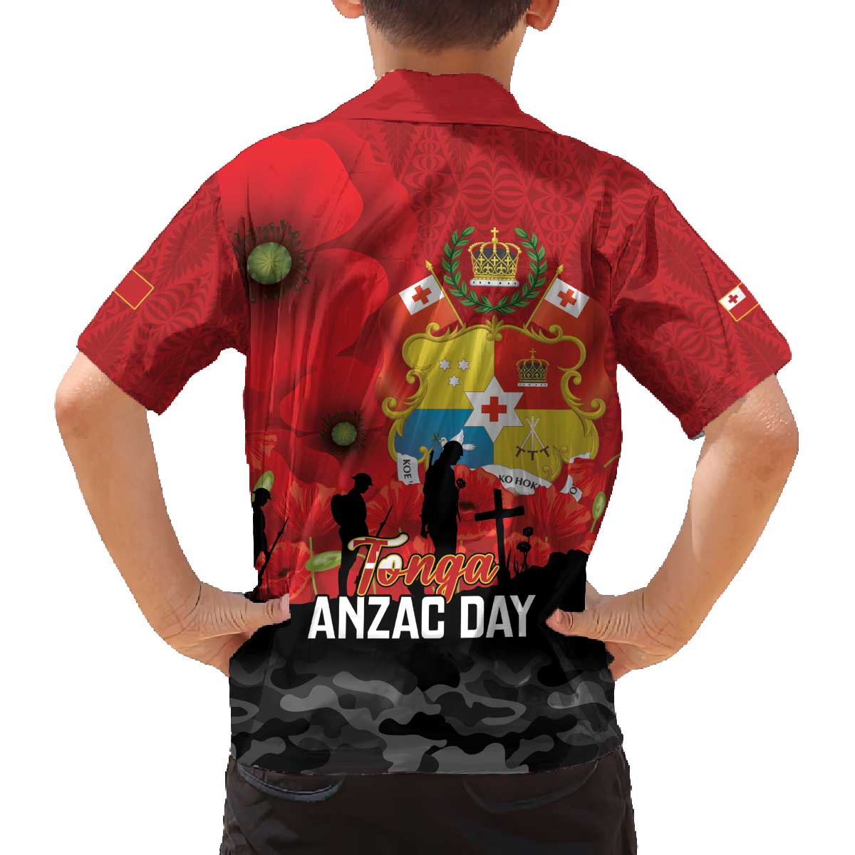 Tonga ANZAC Day Family Matching Off The Shoulder Long Sleeve Dress and Hawaiian Shirt Ngatu Pattern We Will Remember Them