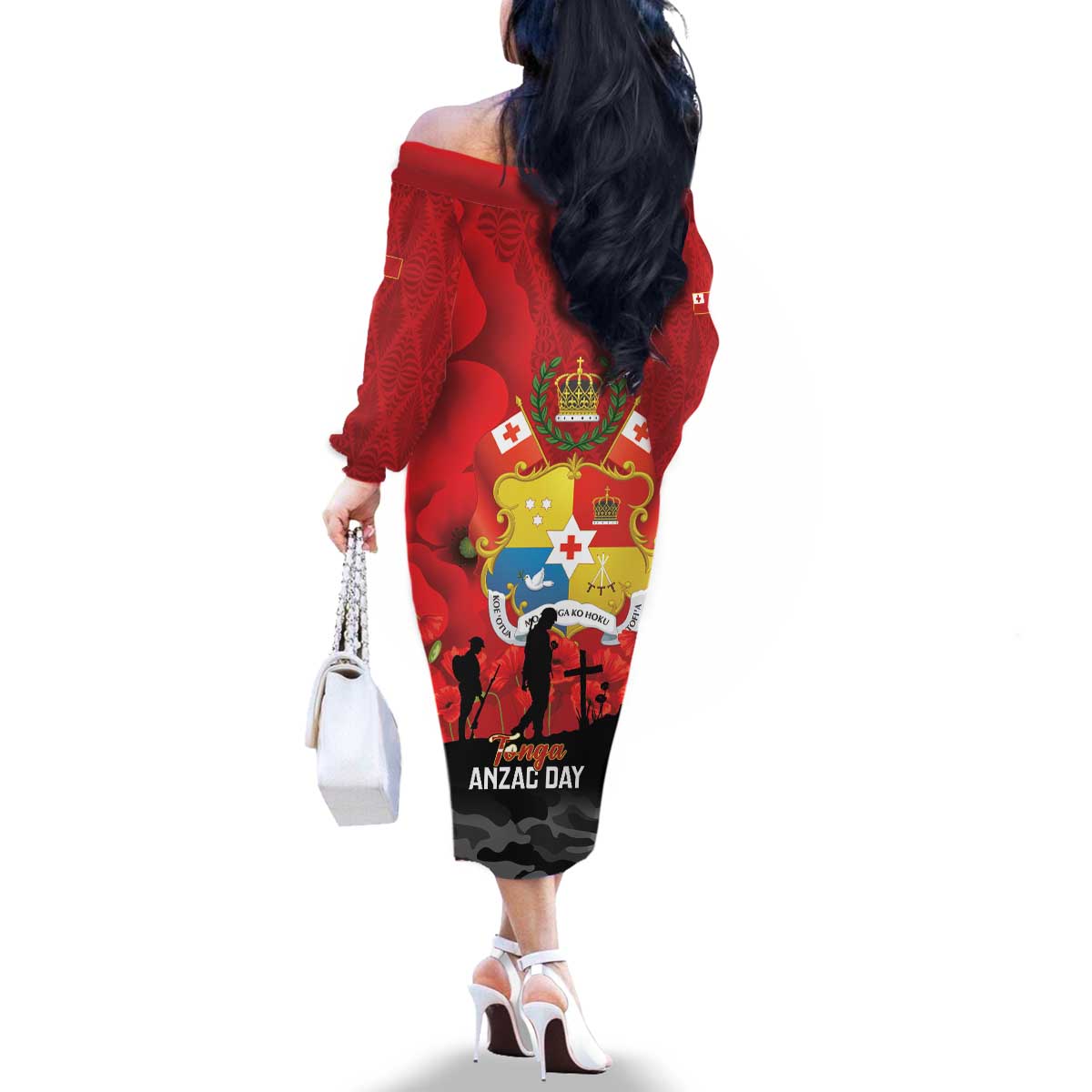 Tonga ANZAC Day Family Matching Off The Shoulder Long Sleeve Dress and Hawaiian Shirt Ngatu Pattern We Will Remember Them