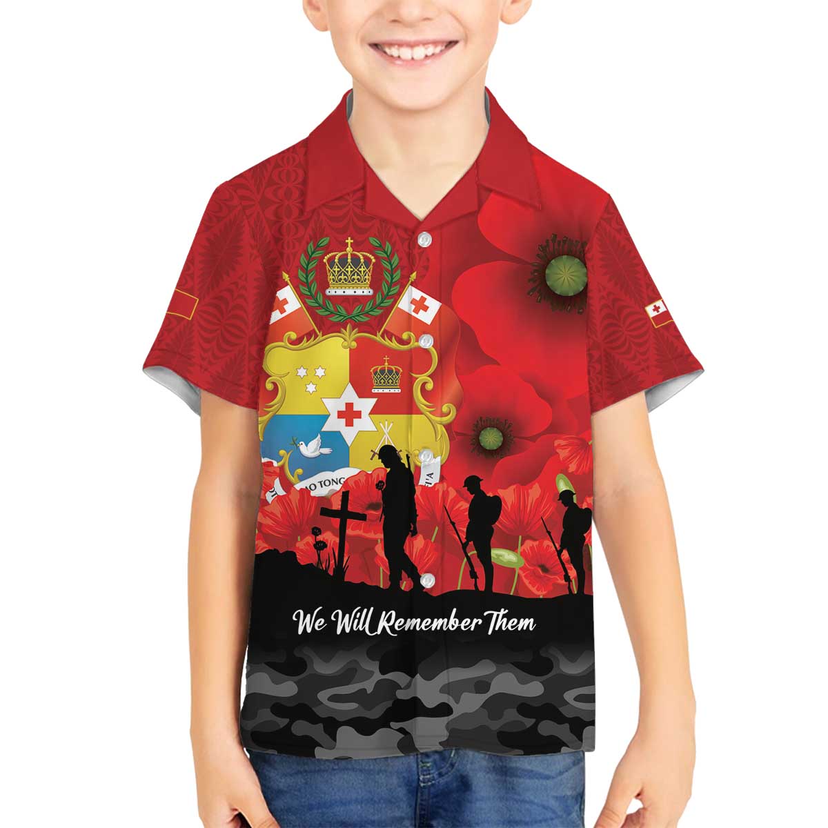 Tonga ANZAC Day Family Matching Off The Shoulder Long Sleeve Dress and Hawaiian Shirt Ngatu Pattern We Will Remember Them